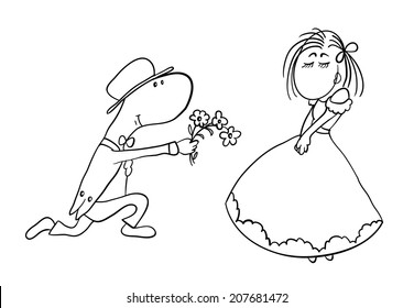man gives a woman flowers, contour vector illustration