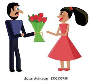 A man gives a woman flowers. Couple in love.Vector illustration