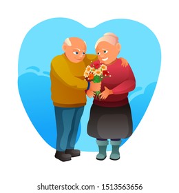 Man gives woman flowers flat vector illustration. Old married couple, husband and wife cartoon characters. Romantic present, love expression. Valentine day, birthday, anniversary congratulations