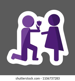 The man gives the woman flowers.  Vector  colored sticker  icon two person. Layers grouped for easy editing illustration. For your design. 