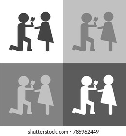 The man gives the woman flowers.  Vector icon two person on white-grey-black color