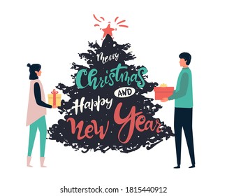 Man gives a woman a gift for Christmas. happy New Year Vector illustration in cartoon style