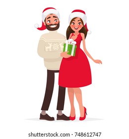 Man gives a woman a gift for Christmas. Vector illustration in cartoon style