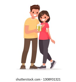 Man gives a woman a gift. Surprise for the holiday. Vector illustration in flat style