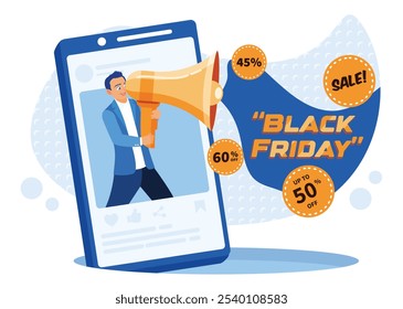 Homem dando o anúncio usando um megafone. Publicidade de vendas nas redes sociais. Conceito de Black Friday. Ilustração de vetor plano.