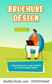 Man giving assessment in internet store. Laptop, computer, star flat vector illustration. Online shopping and social media concept for banner, website design or landing web page