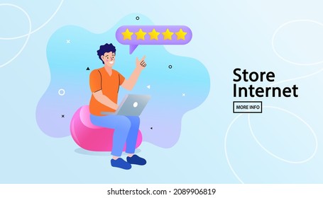 Man giving assessment in internet store. Laptop, computer, star flat vector illustration. Online shopping and social media concept. vote store shop business concept vector illustration.