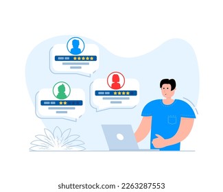 Man giving assessment in internet store. Customer support. Five Star Feedback. Vector stock illustration.