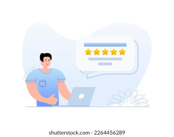 Man giving assessment in internet store. Customer support. Five Star Feedback. Vector stock illustration.