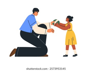 Man giving ball to girl kid. Father and adopted daughter relationship. Dad kneeling, handing toy to child. Adoption concept, happy bonding family. Flat vector illustration isolated on white background