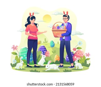 Man giving a basket full of decorated easter eggs to woman in the garden with rabbits. A couple celebrates easter day. Flat style vector illustration