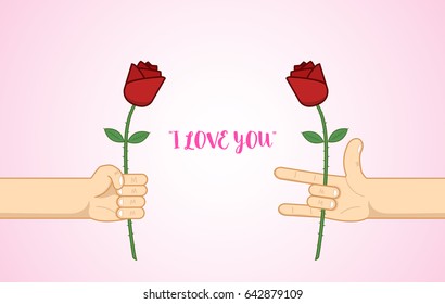 Man giving beautiful single red rose refer to his one true love from one true heart. Vector of man's hand and red rose created with outline for further use.