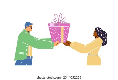 Man giving a black woman gift box. Excited people pleasant present surprise box. Holiday surprise, birthday celebration, St. Valentines Day, bonus or loyalty. Cartoon vector isolated illustration