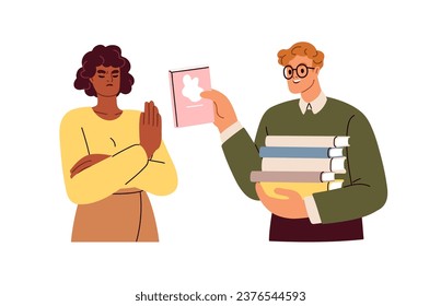 Man giving books to read, woman refusing, rejecting offer. Bored person saying no to recommended literature, dislikes bookworm, refusal gesture. Flat vector illustration isolated on white background