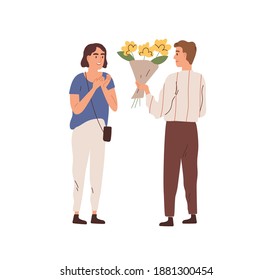 Man giving bouquet of beautiful flowers to woman vector flat illustration. Male admirer making floristic gift or surprise to beautiful female isolated on white. Enamored couple on romantic date