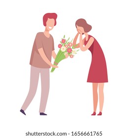 Man Giving Bouquet of Flowers to Beautiful Surprised Woman, Romantic Couple in Love on Date, Holiday Congratulations Flat Vector Illustration