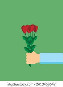 Man Giving a Bouquet of Flowers Flat Style. Holidays and presents concept vector