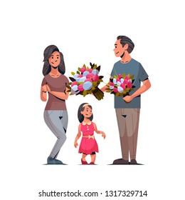 man giving bouquet of flowers to wife and daughter international womens day 8 march concept happy family celebrating holiday white background