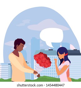man giving bouquet flowers a woman