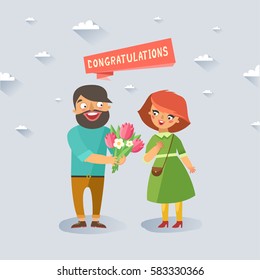 Man giving bouquet of flowers to woman. Congratulations card. Happy man and woman couple. Love and relationships illustration 