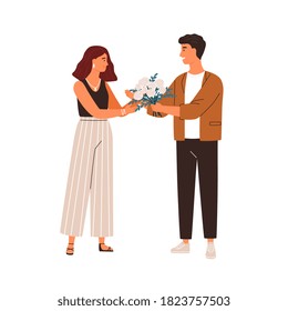 Man giving bouquet of rose flowers to female vector flat illustration. Enamored guy making gift feeling love. Beautiful woman taking present isolated. Smiling couple with roses at romantic date