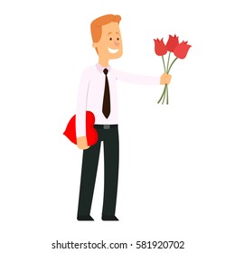 man giving a bouquet of tulips. vector illustration.
