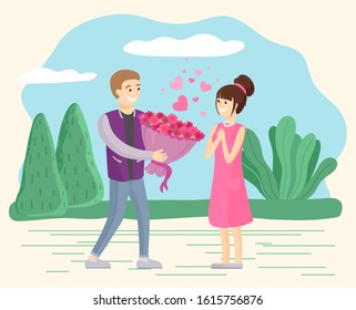 Man giving bouquet to woman, couple on date in park, love and male and female characters vector. Girl and guy with flowers, boyfriend and girlfriend. Relationship or lovers romance illustration