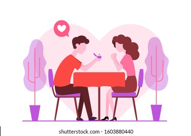 Man giving box diamond ring, offer marry girlfriend, romantic engagement after dinner. Surprise Proposal, Dating, love relationship concept for valentine day, web banner design - Vector Illustration.