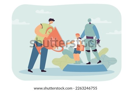 Man giving boy huge trophy for winning robotics competition. Robotic character standing next to happy child receiving prize flat vector illustration. Technology, success, achievement, robotics concept