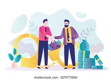 Man giving bribe to businessman. People shake hands in honor of completion of deal. Guy bribes politician. Сorruption, illegal activities. Person hold suitcase full of cash. Flat vector illustration