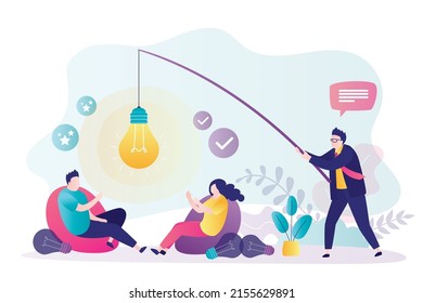 Man giving business team new idea. Businessman holds glowing light bulb on fishing rod. Entrepreneur shared innovative idea with colleagues. Concept of teamwork and help. Flat vector illustration
