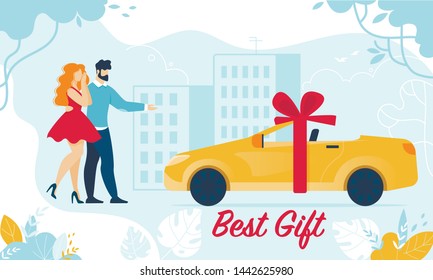 Man Giving Car with Bow as Present. Happy Surprised Woman Standing near Vehicle with Ribbon on Cityscape Background. Luxury Automobile Gift for Girl Cartoon Flat Vector Illustration, Horizontal Banner