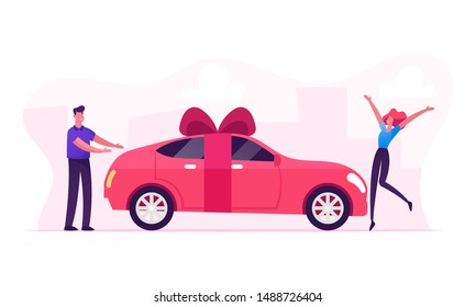 Man Giving Car With Bow As Present. Happy Surprised Woman Jumping With Hands Up Near Vehicle With Ribbon On Cityscape Background. Luxury Automobile Gift For Girlfriend Cartoon Flat Vector Illustration