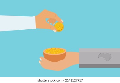 Man giving charity to a beggar. Man donating money concept. Beggar hand with a bowl of golden coins vector. Giving donations to a poor person. Charity giving concept with gold coins.