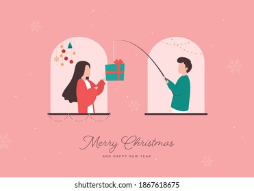 A man giving a Christmas gift box to a woman by fishing rod. Social distancing concept. Quarantine Christmas card in a covid-19 world. Neighbors at the window.