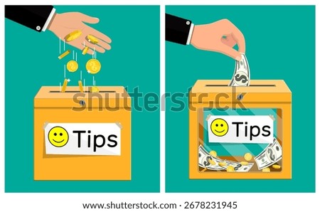 Man giving coin and bill as tip to service worker. Concept of charity, donation, or income. Flat style illustration for financial topic.