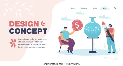 Man giving coin to pottery master flat vector illustration. Tiny client paying girl with paint brush for clay pot. Occupation, potter trade concept for banner, website design or landing web page