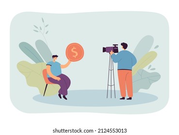 Man giving coin to videographer flat vector illustration. Director recording man on camera. Client paying to producer to shoot video. Income concept for banner, website design or landing web page