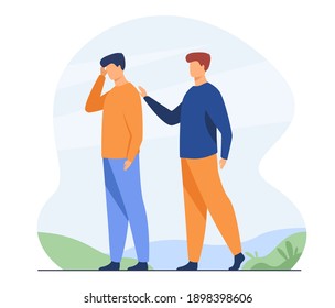 Man giving comfort to upset friend. Patting shoulder, support, friendship. Flat vector illustration. Empathy, help, compassion concept for banner, website design or landing web page