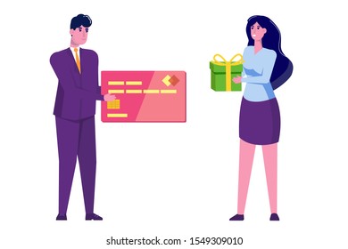 Man giving credit card and woman with gift.  Loyalty card program concepts. Flat vector illustration.