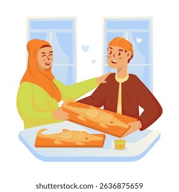 A man giving crocodile bread to his girlfriend, Traditional bread called roti buaya from Betawi Jakarta for wedding traditions, Vector illustration
