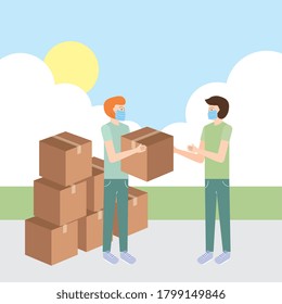 man giving donation box to needing people in the outdoor cartoon. vector illustration