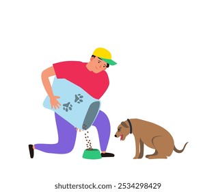 man giving dry food from package to his dog vector illustration