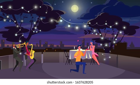 Man giving engagement ring to girlfriend. Couple dating on roof, proposal, dinner flat vector illustration. Romance, love, offer of marriage concept for banner, website design or landing web page