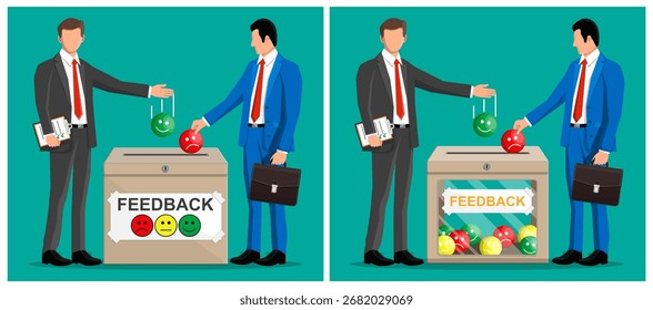 Man giving feedback. Customer review management, satisfaction and opinion poll. Two business men evaluating.