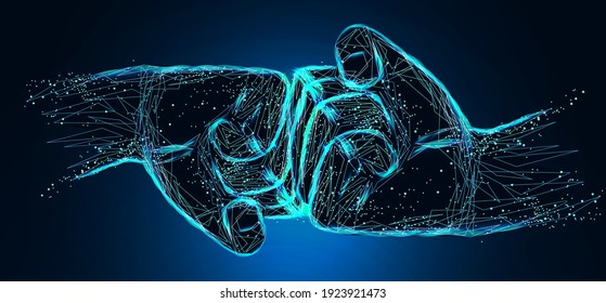 Man giving fist bump in blue background. Power of teamwork concept. Digital low poly wireframe of futuristic vector. 