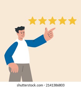 Man giving five star rating. Feedback concept. Customer feedback 5 stars rating, best quality, excellence high performance evaluation, positive ranking. Vector illustration.