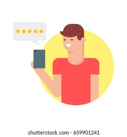 Man giving five star rating using smartphone vector illustration