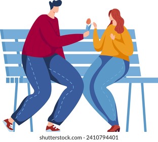 Man giving a flower to a woman on a park bench. Casual romantic meeting and dating outdoors. Love, romance, valentine's day vector illustration.