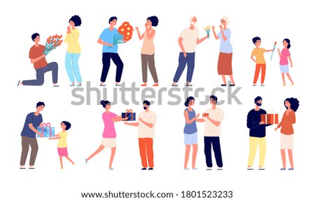 Man giving flowers. Couple bouquet, happy woman get gift. Young old men with valentine day or birthday present, romantic vector illustration
